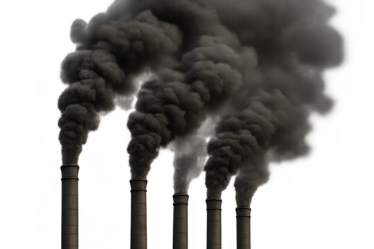 Industrial smokestacks emitting thick black smoke causing air pollution and environmental damage, transparent background
