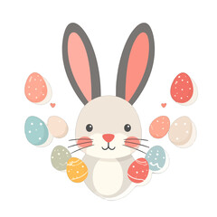 Fototapeta premium Pastel Easter Bunny with Colorful Decorated Eggs Illustration on White Background