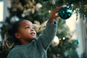 Naklejka premium African girl placing green ornament on christmas tree, smiling with excitement. Concept: holiday joy, childhood magic.