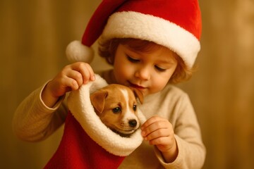 A young child holding a small dog in a stocking