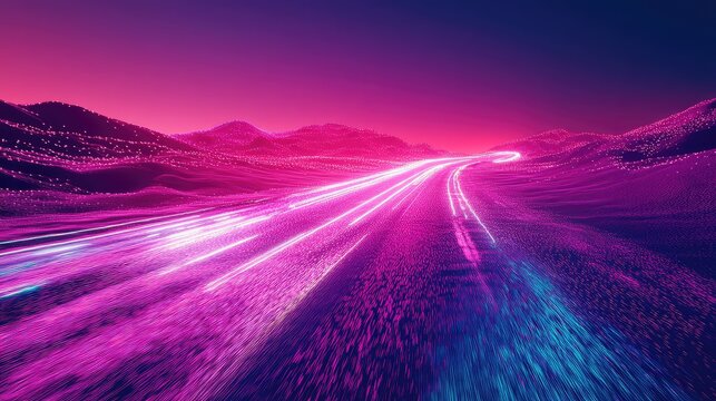 Abstract neon light trails speeding across digital landscape - Powered by Adobe