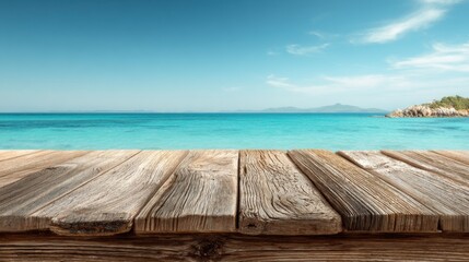 Sunlight shines on a calm turquoise sea from a weathered wooden pier during a bright afternoon