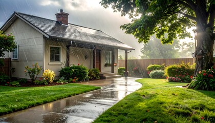 A cozy home basks in a rainy day, with a lush green lawn, blooming flowers, and a winding walkway. Sun peeks through clouds