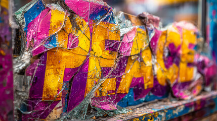 Fototapeta premium A colorful, cracked sign displaying the word 'PEACE' in bold letters. The vibrant colors include yellow and purple, symbolizing harmony and unity.