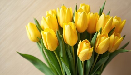 Fototapeta premium Bright yellow tulips bunched together. Fresh spring flowers with green stems and leaves arranged closely. Simple floral display on neutral background.