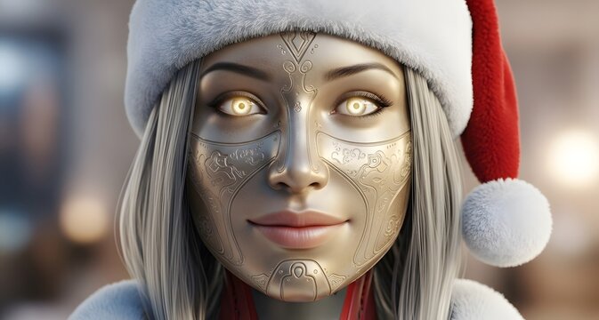 Futuristic holiday spirit with a stylish robotic woman in festive winter hat