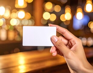 Hand Holding Blank Card with Bokeh Lights Background
