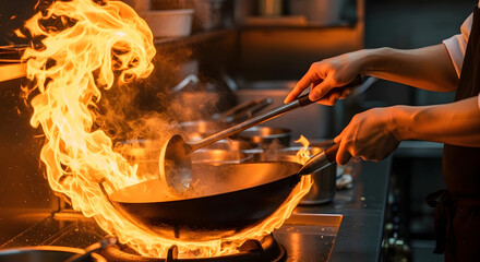 Professional chef skillfully stir frying food with intense fire in a wok.