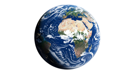 View of earth from space showing africa and europe with swirling clouds and oceans