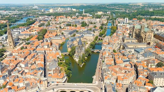 Metz, France. New Temple - Protestant Church. Moselle River. View of the historical city center. Summer, Sunny day. Drone footage, Point of interest