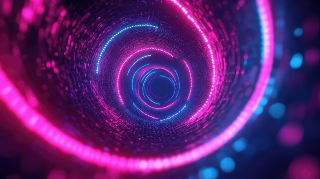 Abstract glowing neon pink blue spiral light tunnel