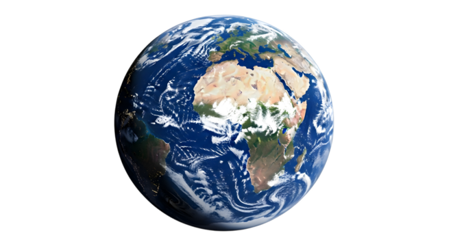 View of earth from space showing africa and europe with swirling clouds and oceans - Powered by Adobe