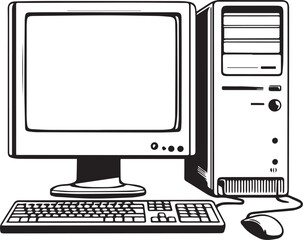 Digital Desktop: A monochrome illustration of a desktop computer setup featuring a monitor, keyboard, mouse and CPU, representing technology and data processing.