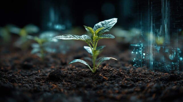 Growth of a young plant in dark soil with digital data overlay showing agricultural technology at work