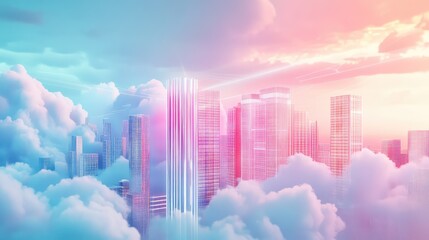 Futuristic cityscape emerging through pastel clouds with glowing data lines