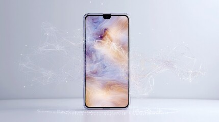 A modern smartphone is centered against a light background, with abstract, glowing digital network lines and particles flowing outwards from its screen.