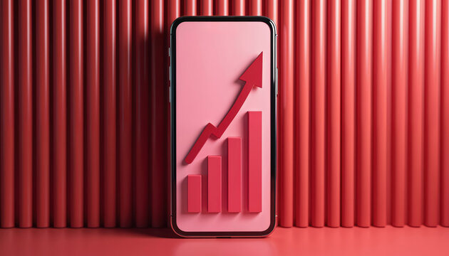 Smartphone displays rising red bar chart with arrow pointing up on pink screen. Data visualization suggests business growth, profit gains. Mobile interface shows upward financial trend, success