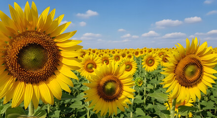 Closeup of vibrant sunflowers in a field under a blue sky.