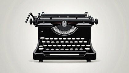 Retro black typewriter sits on a clean grey background. This antique mechanical device offers a nostalgic look at past writing and communication methods.