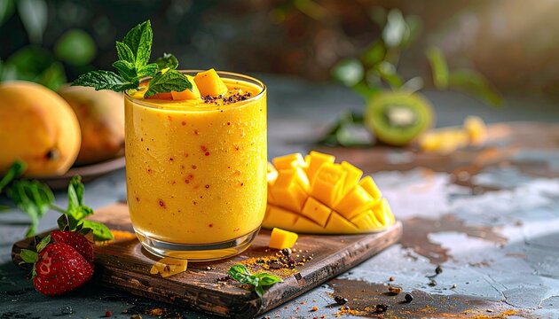 A vibrant yellow mango smoothie in a glass, garnished with mint and mango cubes, sits on a wooden board with fresh strawberries and mango slices. - Powered by Adobe