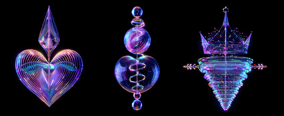 3d glass holographic y2k abstract shape set - heart, flame, stars, cherry, lightning, crown, chain, arrow, polygon, spiral line, sphere with neon gradient isolated on black background