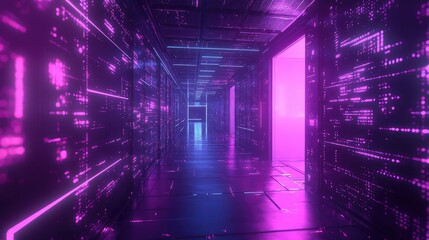Futuristic neon digital corridor in server room