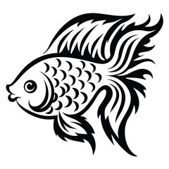 Striking black fish swims left, adorned with curved stripes and flowing fin