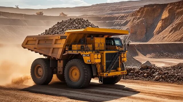 Heavy construction machinery, including a working bulldozer, excavator, and dump truck, moves dirt in a big mining quarry