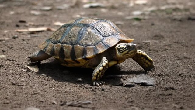 Wild reptile turtle walking slowly on a rock, on the ground, or on the road, with its shell in nature