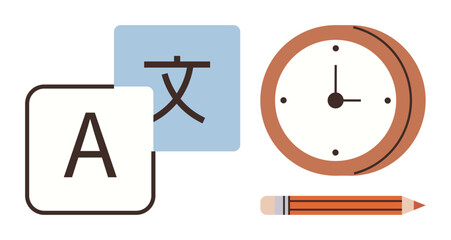 Alphabet block, translation character, clock, and pencil emphasize language, communication, time, and education. Ideal for productivity, learning multitasking organization global teamwork