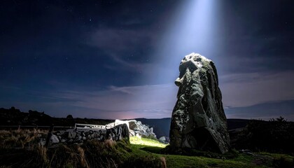 A tall, weathered standing stone is illuminated by a bright beam of light from above, set against a dark, starry night sky.