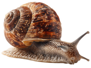 Detailed close up of snail showcasing its spiral shell and soft body. texture of shell is intricate, with shades of brown