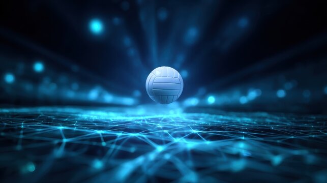 Volleyball floating above a digital network with glowing lines and blue light at night - Powered by Adobe