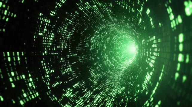 Digital data flowing through a binary cyberspace tunnel