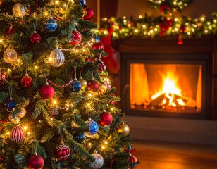 A decorated tree with festive lights and ornaments, beside a fireplace with a cozy fire. The scene radiates warmth