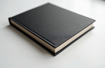 Closed black hardcover book rests on light surface. Its textured cover suggests elegance and sophistication for personal notes or professional documentation needs.