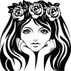 Striking monochrome portrait reveals a girl with rose crown supporting her chin with hands
