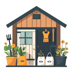 Quaint Wooden Shed with Gardening Tools and Potted Plants Illustration in a Garden Setting with Sunshine Lighting Style