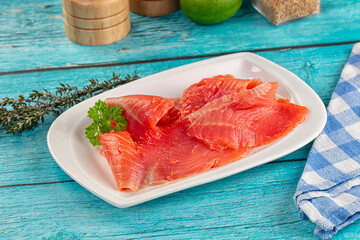 Delicous sliced salmon fillet  ready to eat