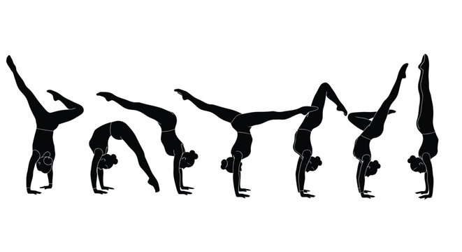 Dynamic silhouettes of women in handstand yoga poses on white backdrop