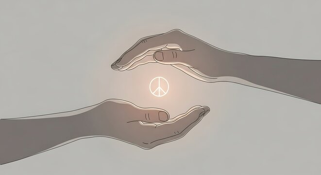 Hands holding a glowing peace symbol, representing unity and global harmony.