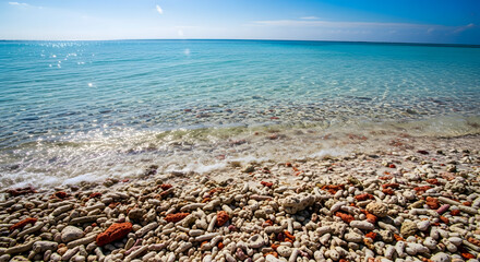 Colorful sea pebbles and coral fragments on a tranquil shoreline.