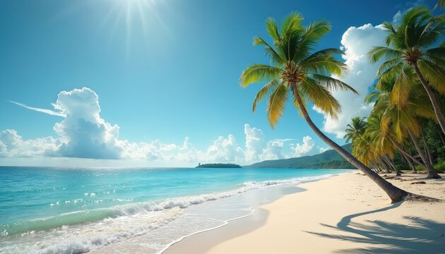 Exotic tropical beach with white sand, clear turquoise ocean water. Green palm trees curve along shore under bright blue sky, fluffy clouds. Gentle waves wash onto coast near distant island, green - Powered by Adobe