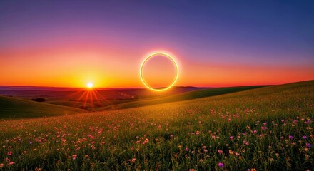 Illuminated Glowing Ring at Sunset in Abstract Landscape Scene