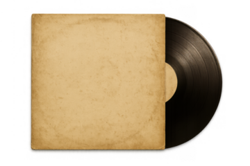Vinyl record with an aged blank brown paper sleeve, creating a nostalgic retro music concept. Transparent background