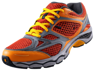 Bright orange and gray athletic shoe with yellow laces, designed for running and sports activities, showcasing modern style