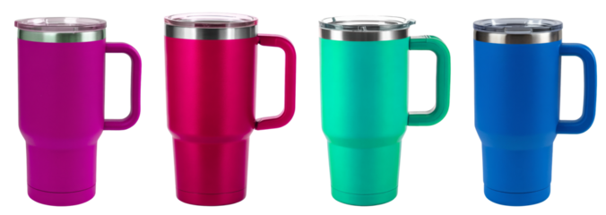 colorful stainless steel mugs, isolated on white background