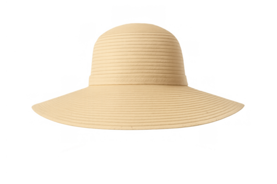 Beige straw sun hat with a wide brim on a transparent background, ideal for summer, beach, and outdoor fashion