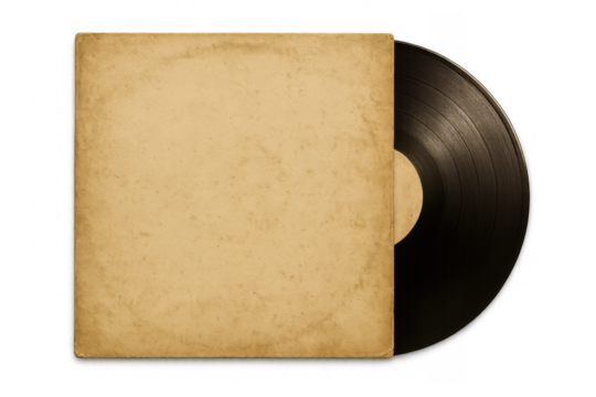 Vinyl record with an aged blank brown paper sleeve, creating a nostalgic retro music concept. Transparent background