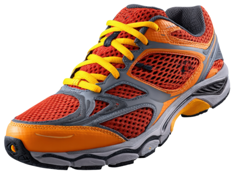 Bright orange and gray athletic shoe with yellow laces, designed for running and sports activities, showcasing modern style